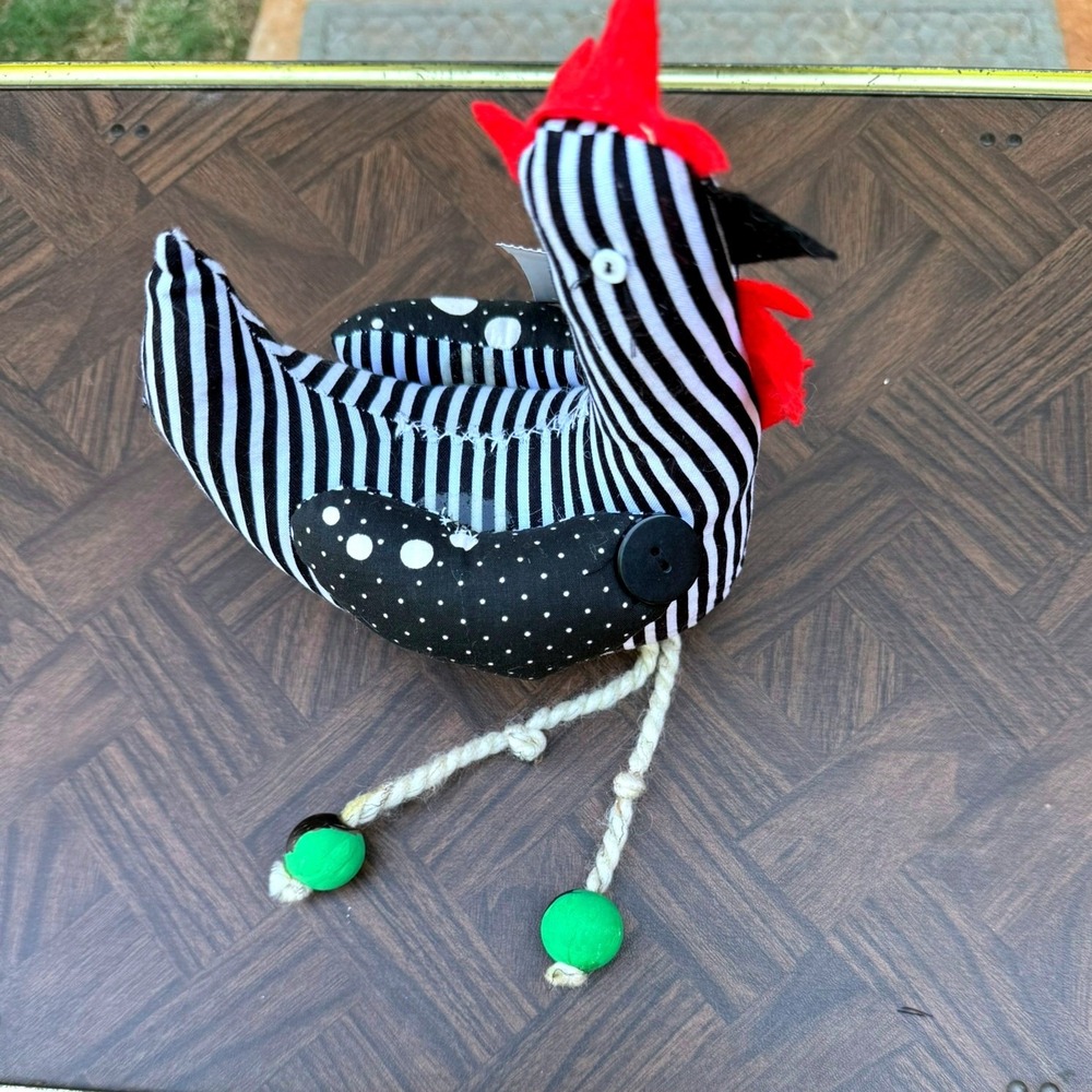 Handmade Folk Art Plush Chicken Figurine Striped Polka Dot Farmhouse Decor